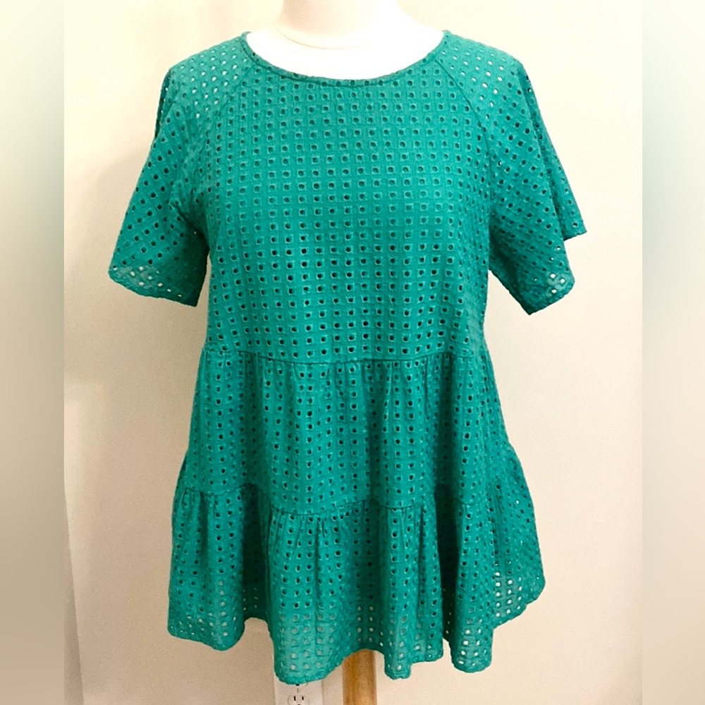 Jodifl Green Eyelet SZ L Shabby Chic Romantic Cottagecore Tiered Babydoll Top